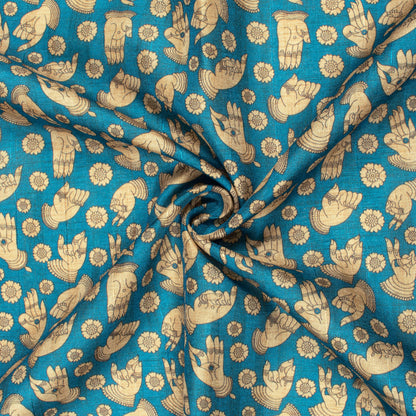 Dark Steel Blue And Off White Kalamkrii Pattern Digital Print Art Tusser Silk Fabric