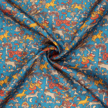 Dark Steel Blue And Red Madhuvanii Pattern Digital Print Art Tusser Silk Fabric
