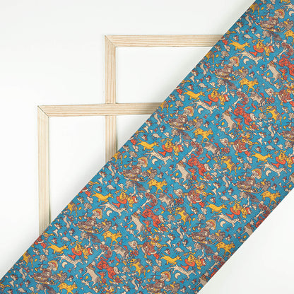 Dark Steel Blue And Red Madhuvanii Pattern Digital Print Art Tusser Silk Fabric