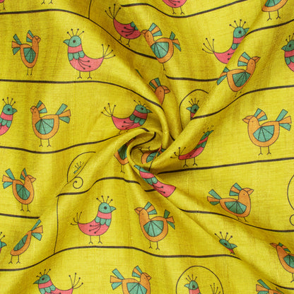 Bumblebee Yellow And Hot Pink Madhuvanii Pattern Digital Print Art Tusser Silk Fabric