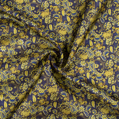 Navy Blue And Bumblebee Yellow Paisley Pattern Digital Print Art Tusser Silk Fabric