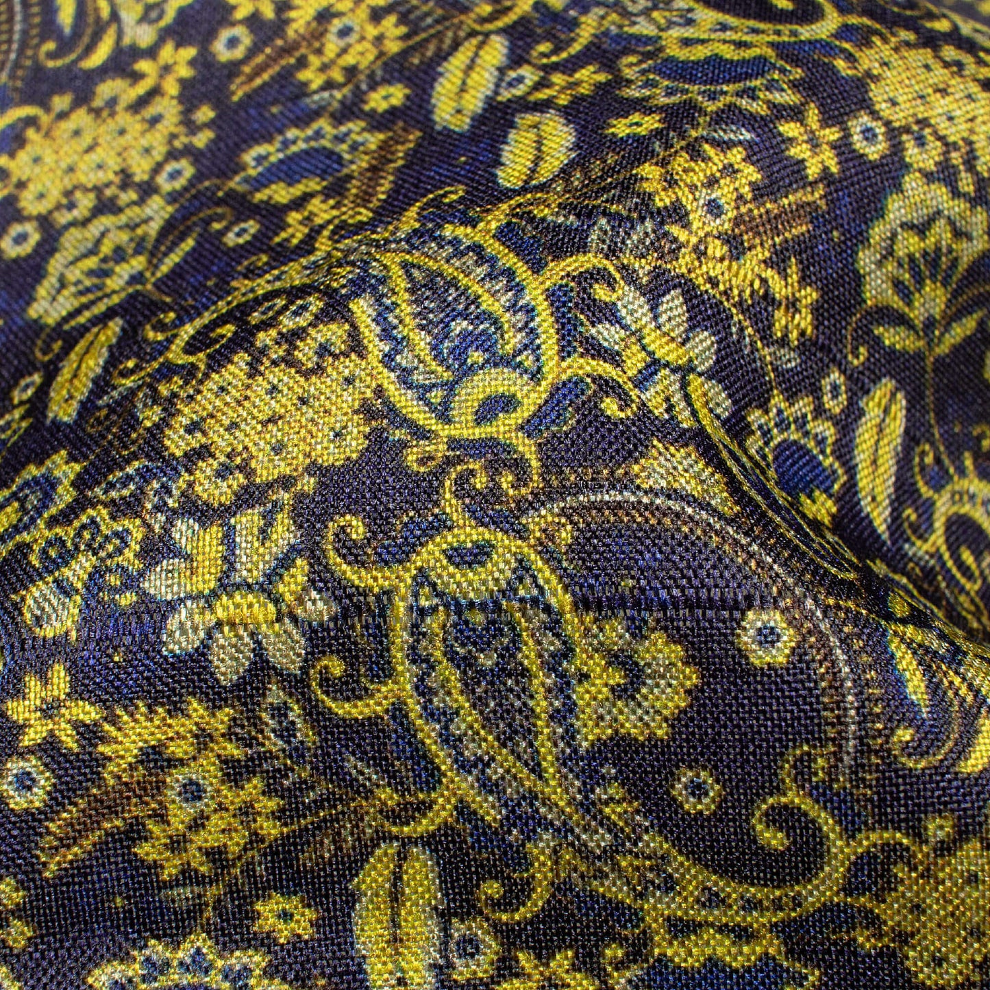 Navy Blue And Bumblebee Yellow Paisley Pattern Digital Print Art Tusser Silk Fabric