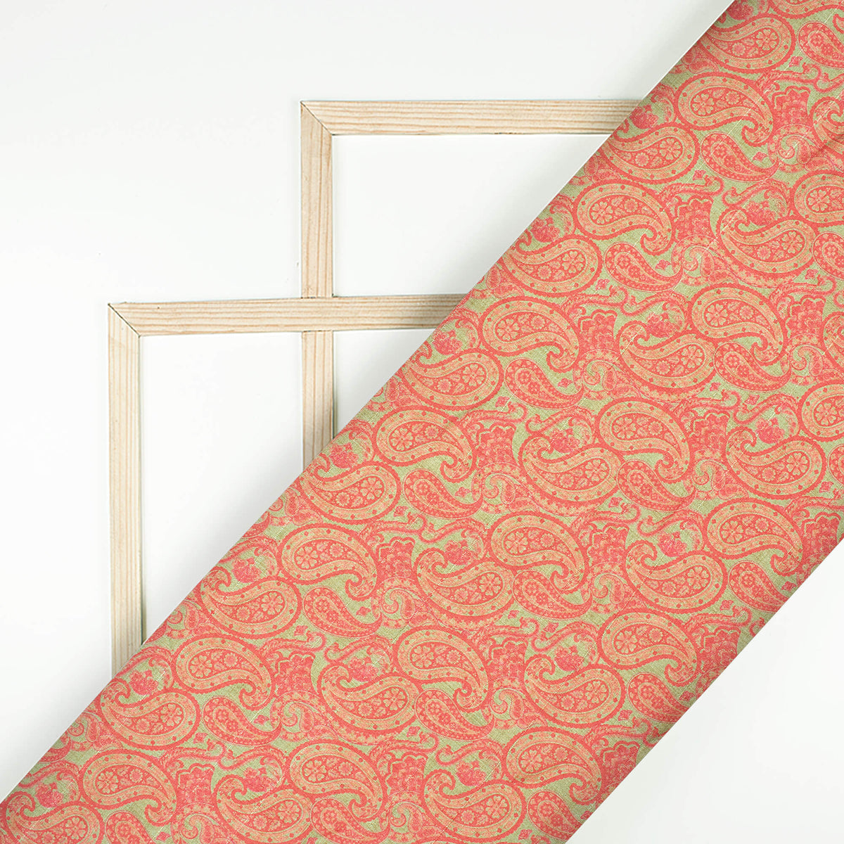 Desire Red And Pistachio Green Paisley Pattern Digital Print Art Tusser Silk Fabric