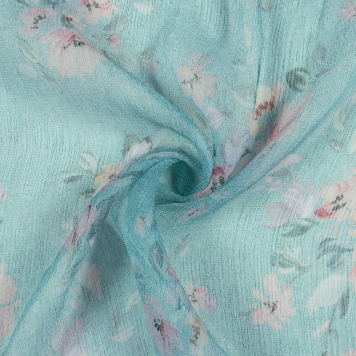 Turkish Blue And Pink Floral Pattern Digital Print Bemberg Chiffon Fabric