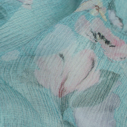 Turkish Blue And Pink Floral Pattern Digital Print Bemberg Chiffon Fabric
