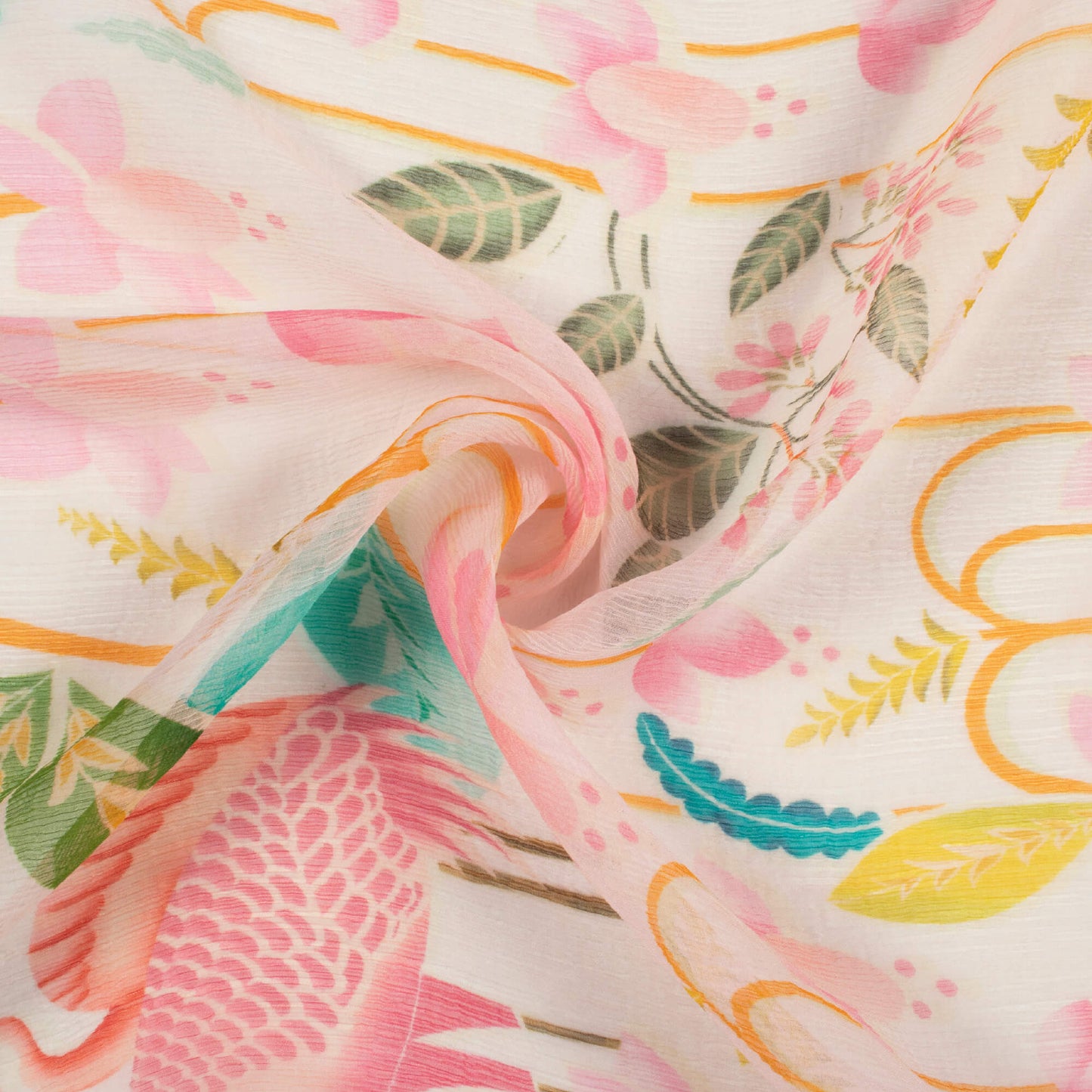 Carnation Pink And Green Floral Pattern Digital Print Bemberg Chiffon Fabric
