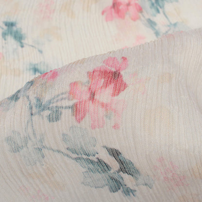 Oat Beige And Grey Floral Pattern Digital Print Bemberg Chiffon Fabric