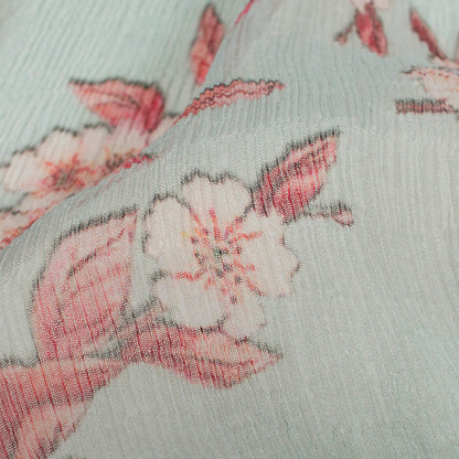 Powder Blue And Brick Red Floral Pattern Digital Print Bemberg Chiffon Fabric