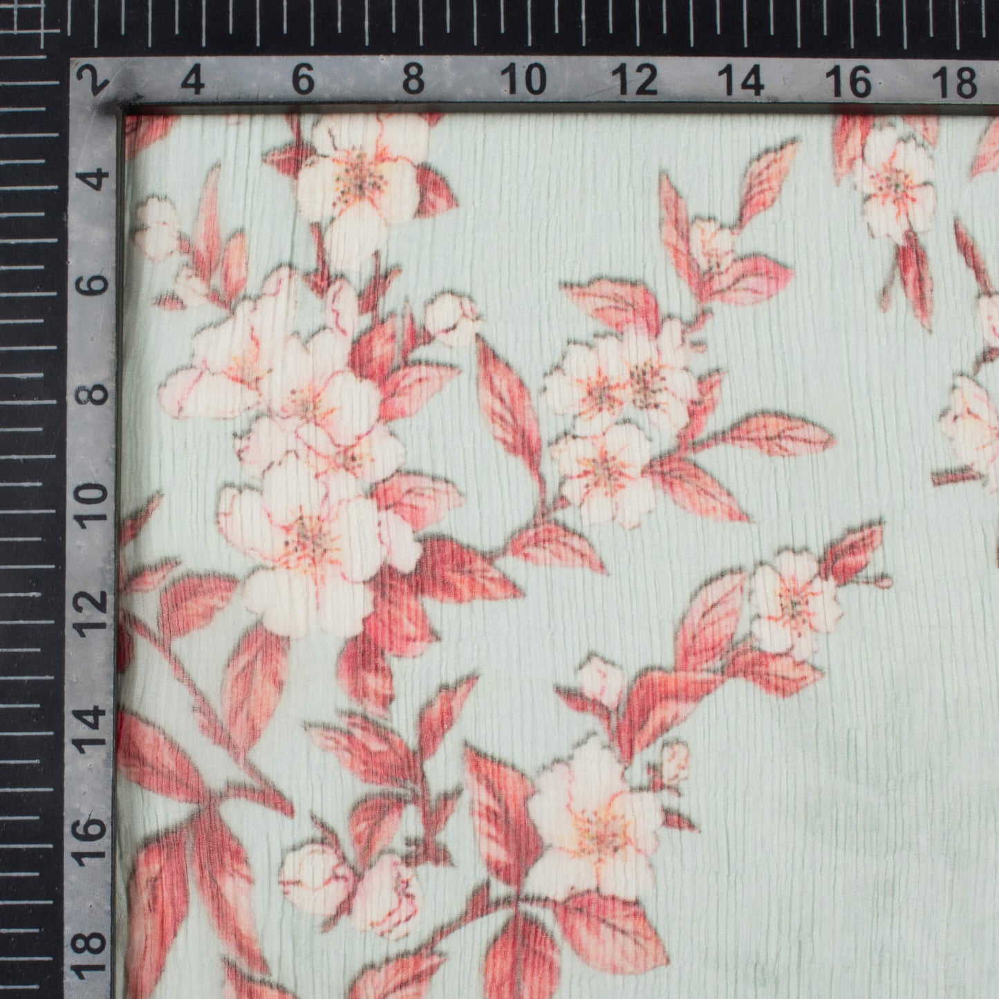 Powder Blue And Brick Red Floral Pattern Digital Print Bemberg Chiffon Fabric