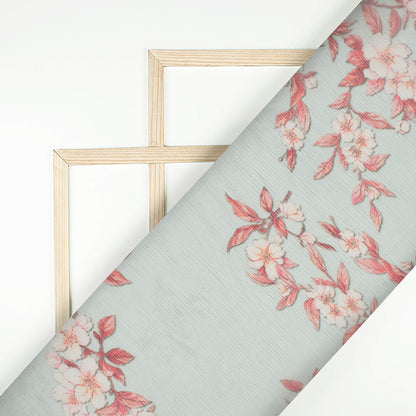 Powder Blue And Brick Red Floral Pattern Digital Print Bemberg Chiffon Fabric