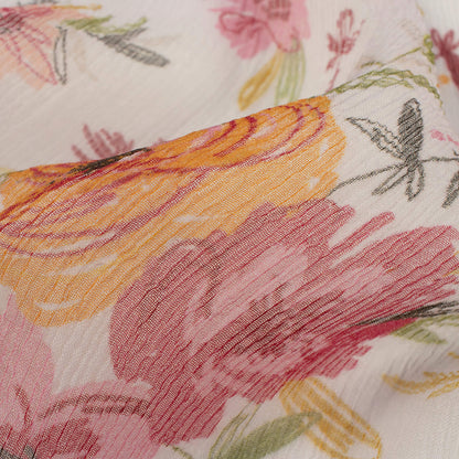White And Red Floral Pattern Digital Print Bemberg Chiffon Fabric