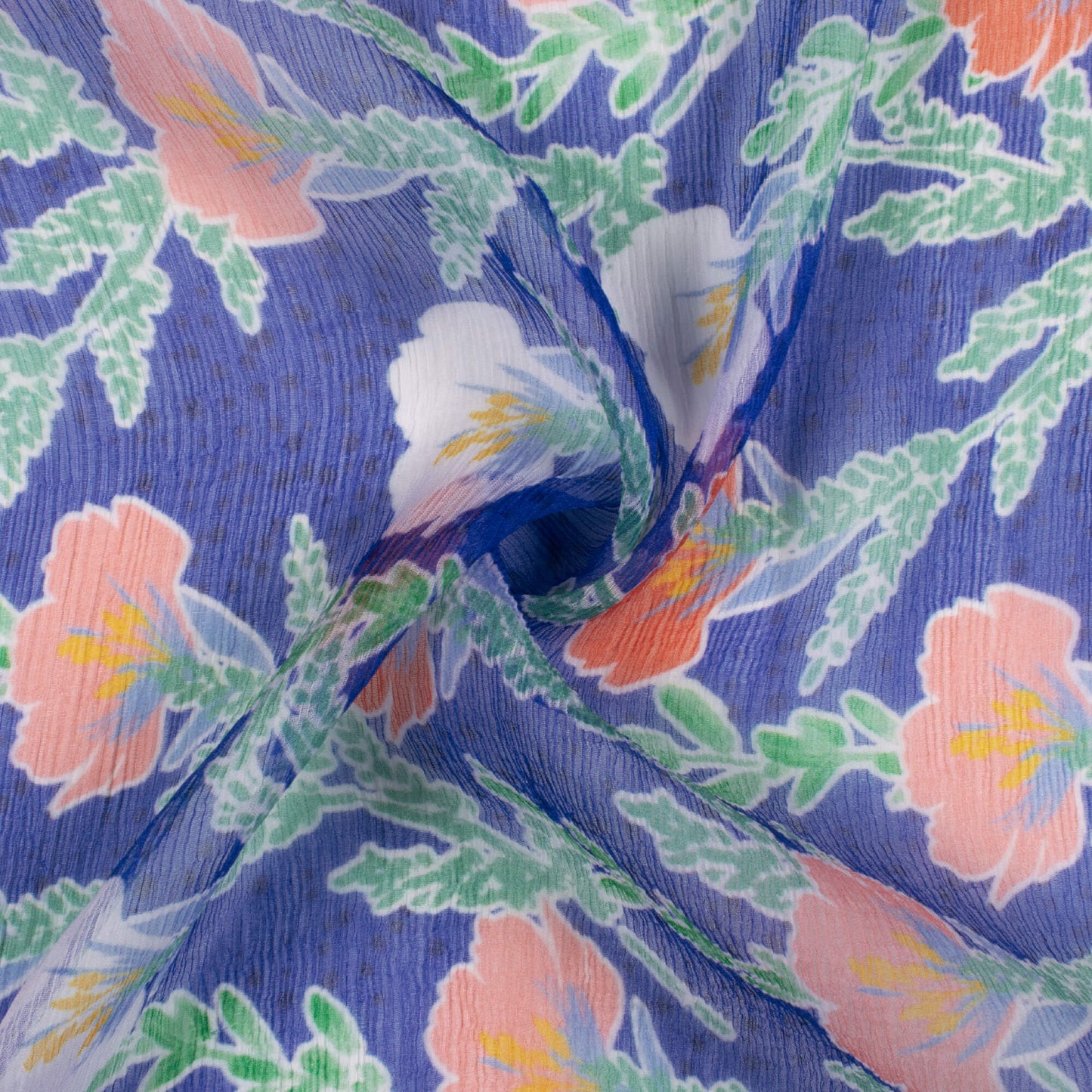 Royal Blue And Salmon Orange Floral Pattern Digital Print Bemberg Chiffon Fabric