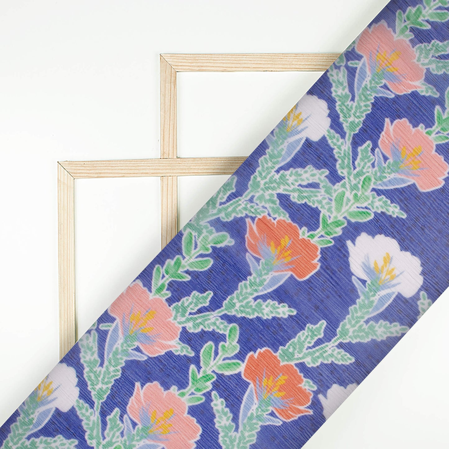 Royal Blue And Salmon Orange Floral Pattern Digital Print Bemberg Chiffon Fabric