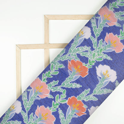 Royal Blue And Salmon Orange Floral Pattern Digital Print Bemberg Chiffon Fabric