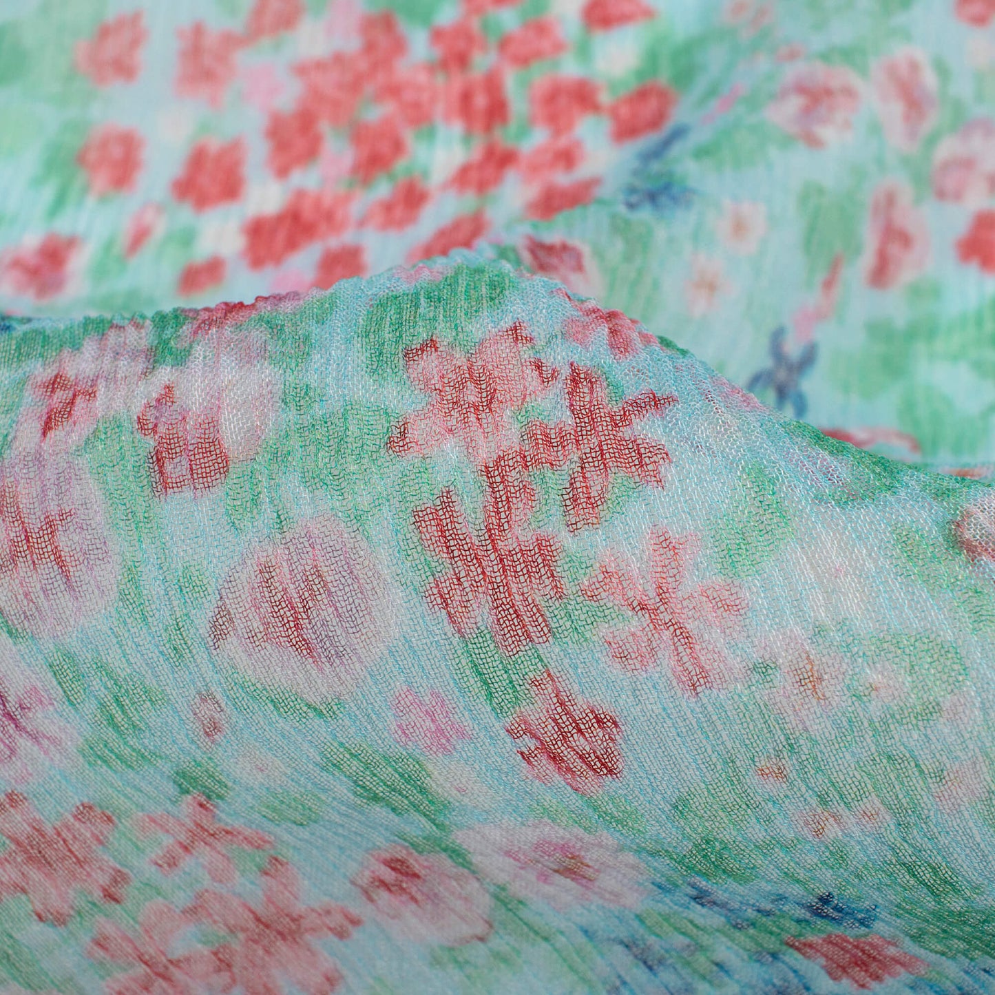 Seafoam Green And Red Floral Pattern Digital Print Bemberg Chiffon Fabric