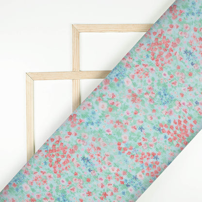 Seafoam Green And Red Floral Pattern Digital Print Bemberg Chiffon Fabric
