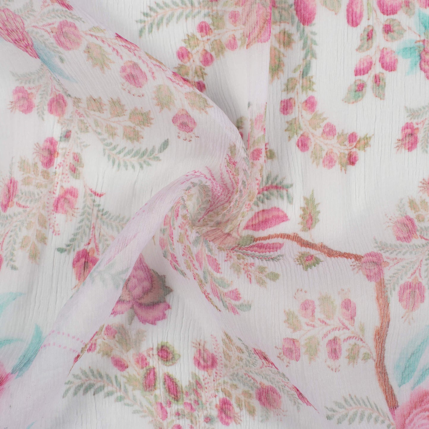 White And Fuchsia Floral Pattern Digital Print Bemberg Chiffon Fabric