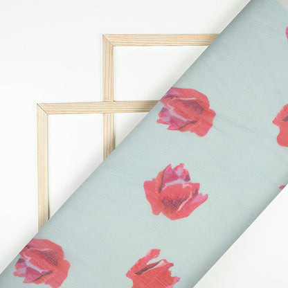 Baby Blue And Red Floral Pattern Digital Print Bemberg Chiffon Fabric
