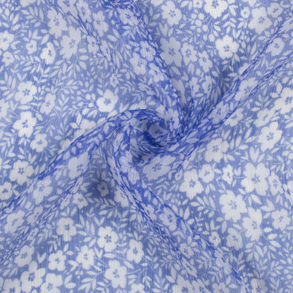 Cornflower Blue And White Floral Pattern Digital Print Bemberg Chiffon Fabric