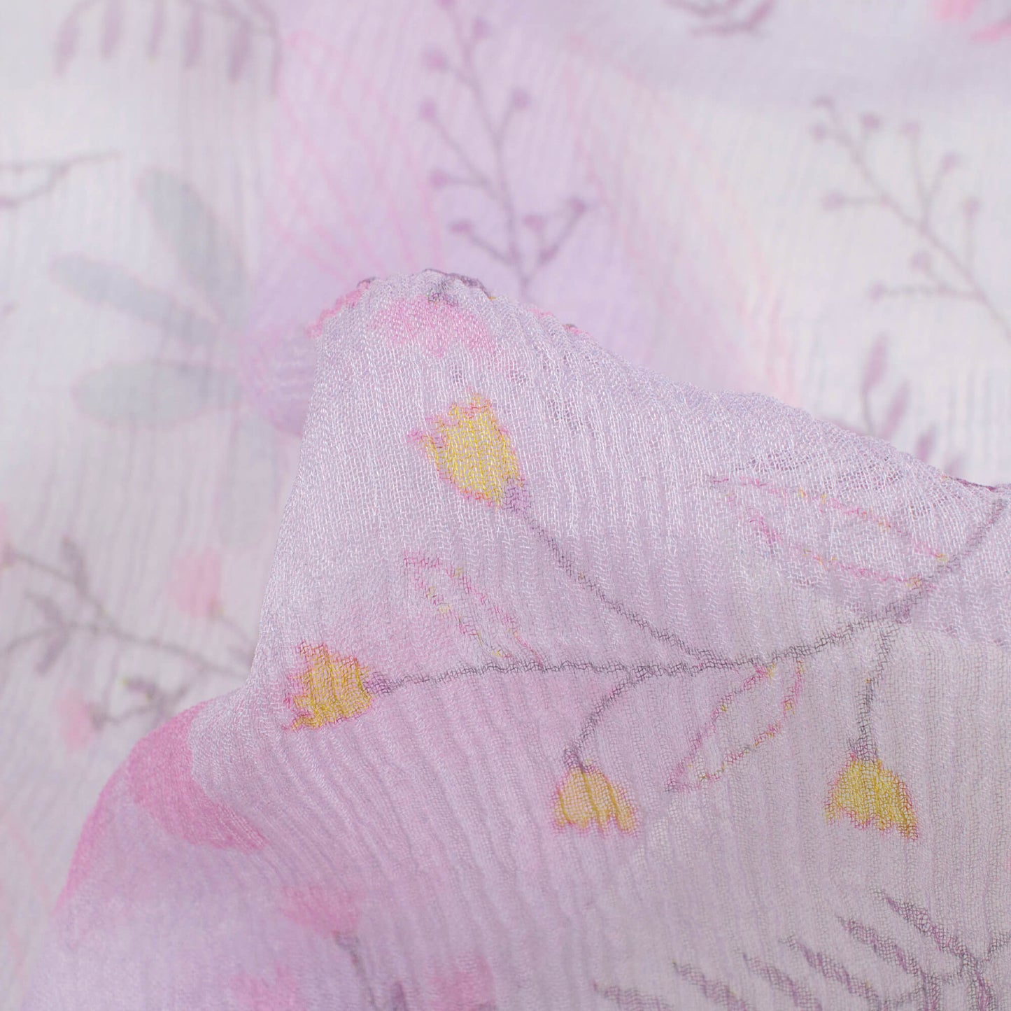 Periwrinkle Purple And Yellow Floral Pattern Digital Print Bemberg Chiffon Fabric