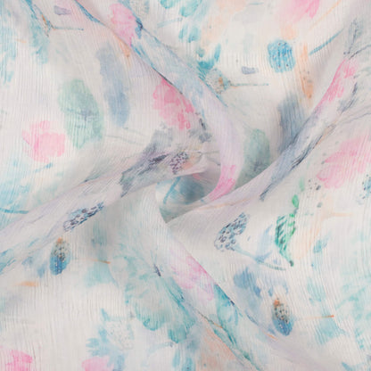 Pale Blue And Pink Floral Pattern Digital Print Bemberg Chiffon Fabric