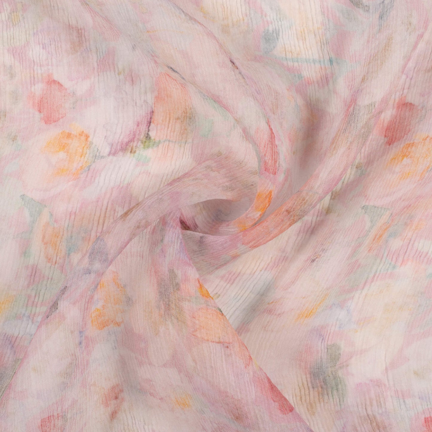 Baby Pink And Off White Floral Pattern Digital Print Bemberg Chiffon Fabric