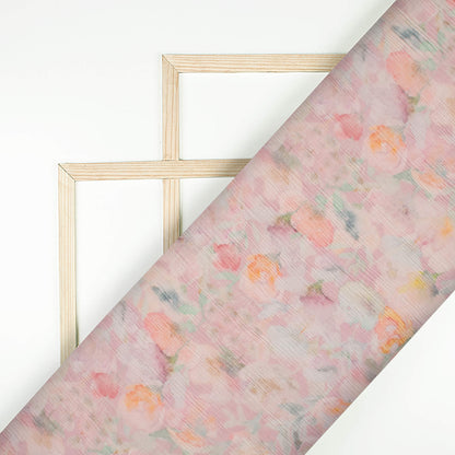 Baby Pink And Off White Floral Pattern Digital Print Bemberg Chiffon Fabric