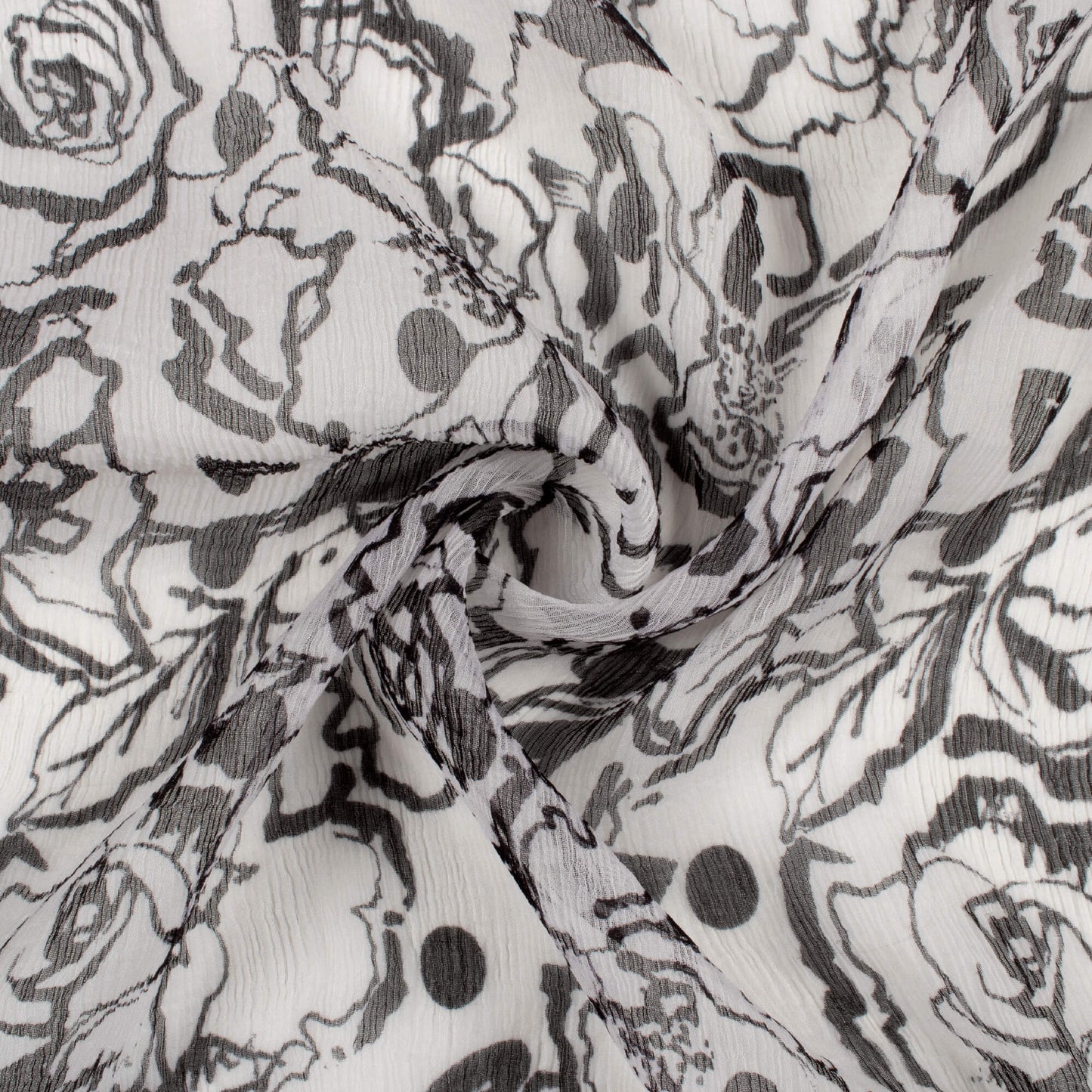 Black And White Floral Pattern Digital Print Bemberg Chiffon Fabric