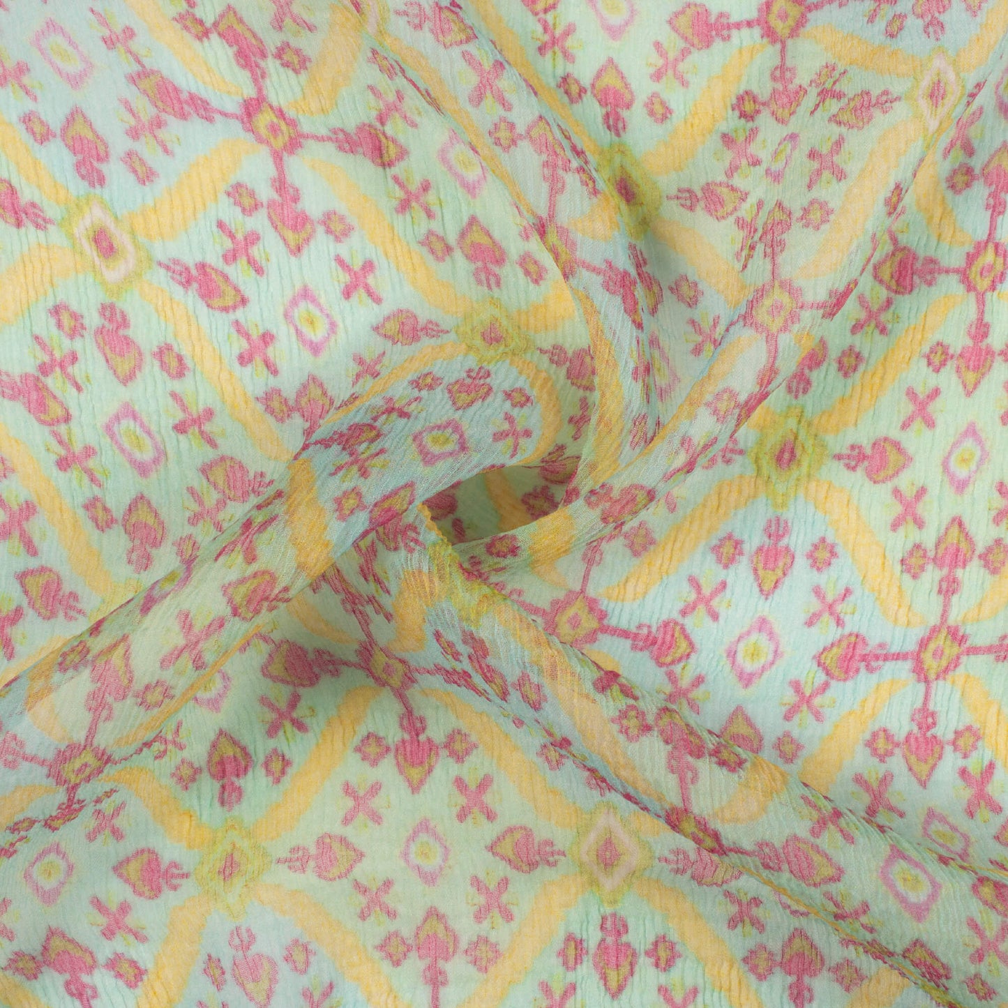 Pastel Blue And Yellow Trellis Pattern Digital Print Bemberg Chiffon Fabric