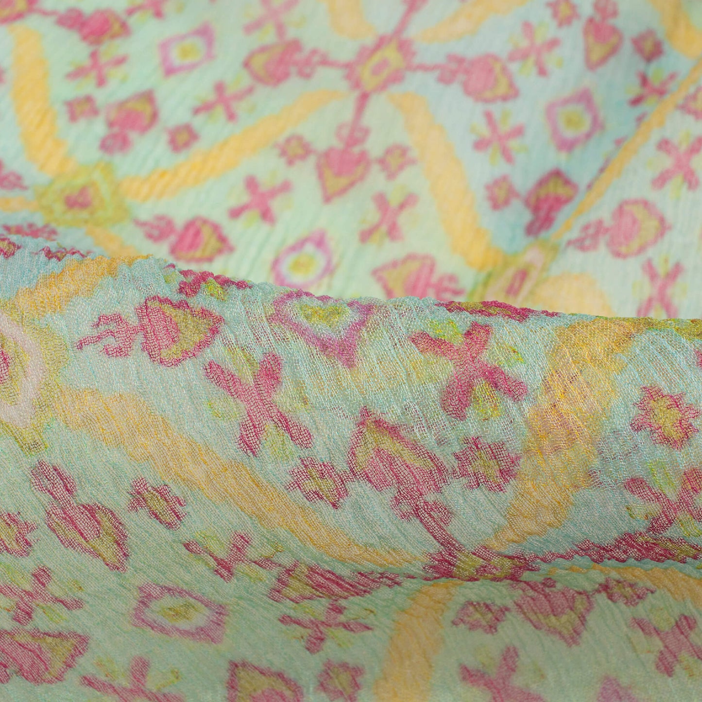 Pastel Blue And Yellow Trellis Pattern Digital Print Bemberg Chiffon Fabric