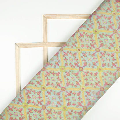 Pastel Blue And Yellow Trellis Pattern Digital Print Bemberg Chiffon Fabric