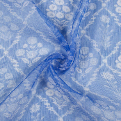 Royal Blue And White Floral Pattern Digital Print Bemberg Chiffon Fabric