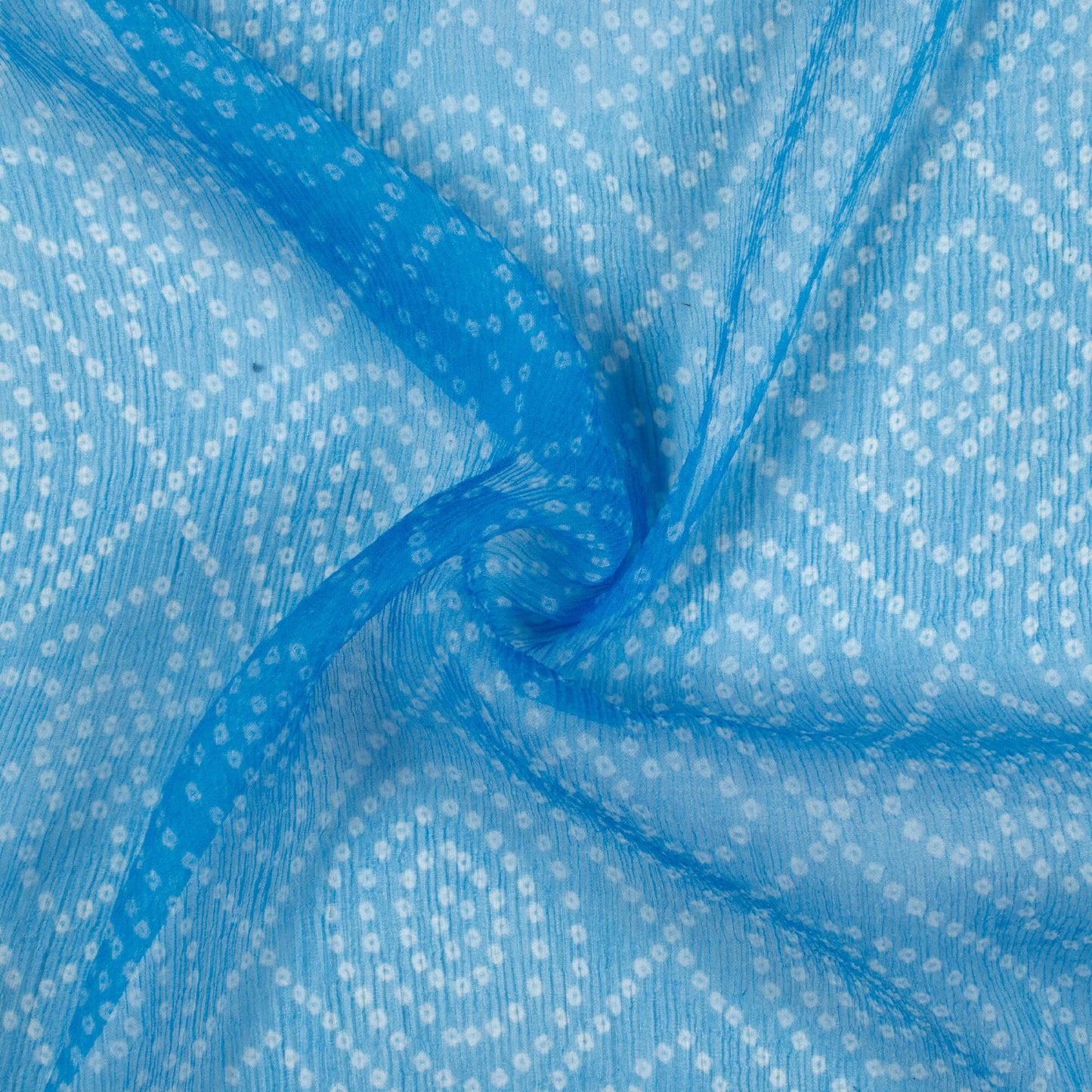 Azure Blue And White Bandhani Pattern Digital Print Bemberg Chiffon Fabric