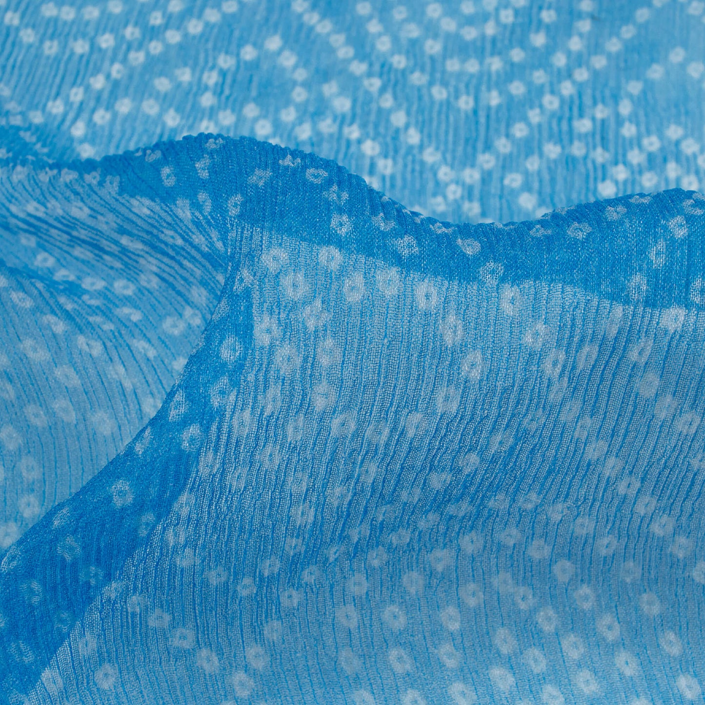 Azure Blue And White Bandhani Pattern Digital Print Bemberg Chiffon Fabric