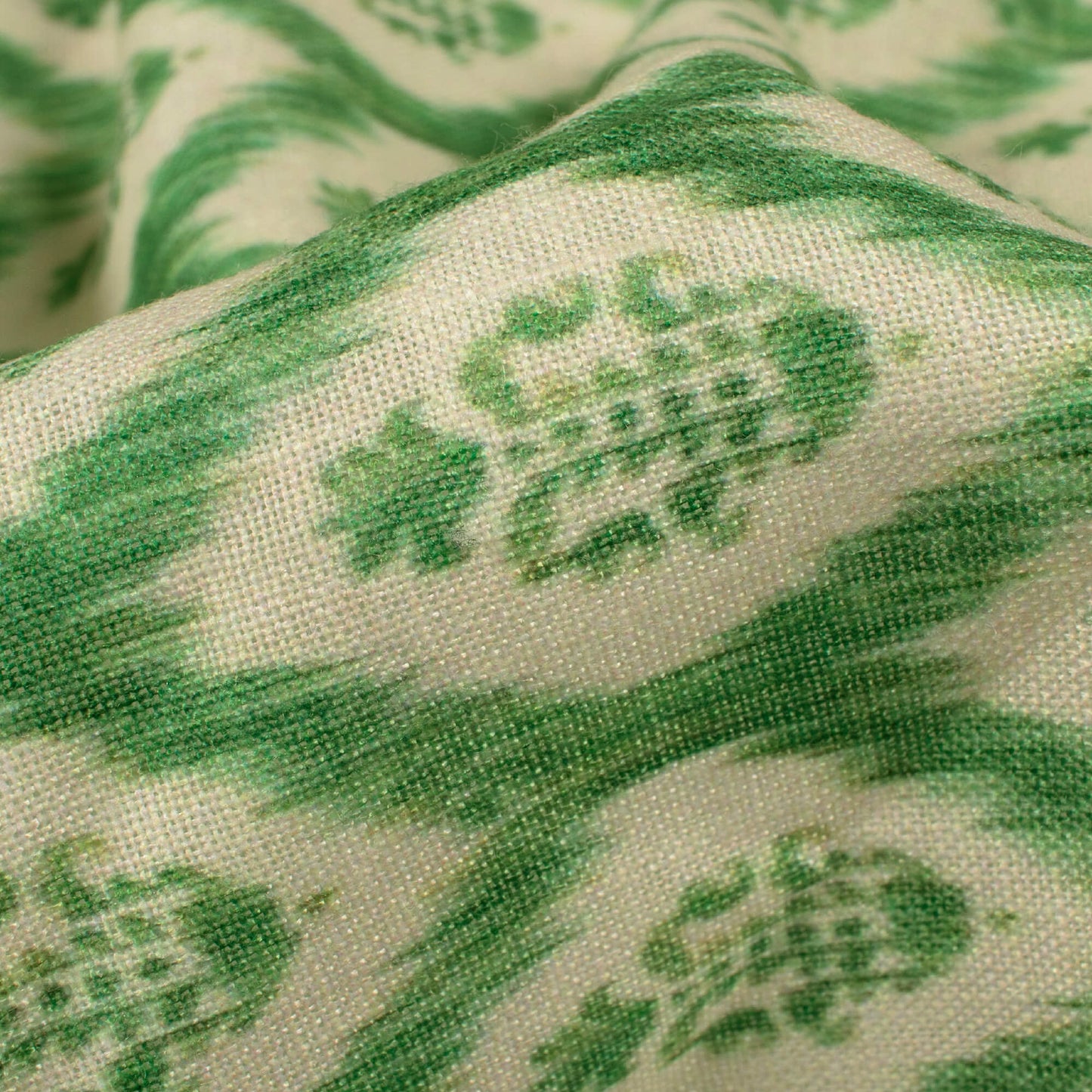 Basil Green And Off White Floral Pattern Digital Print Linen Textured Fabric (Width 56 Inches)