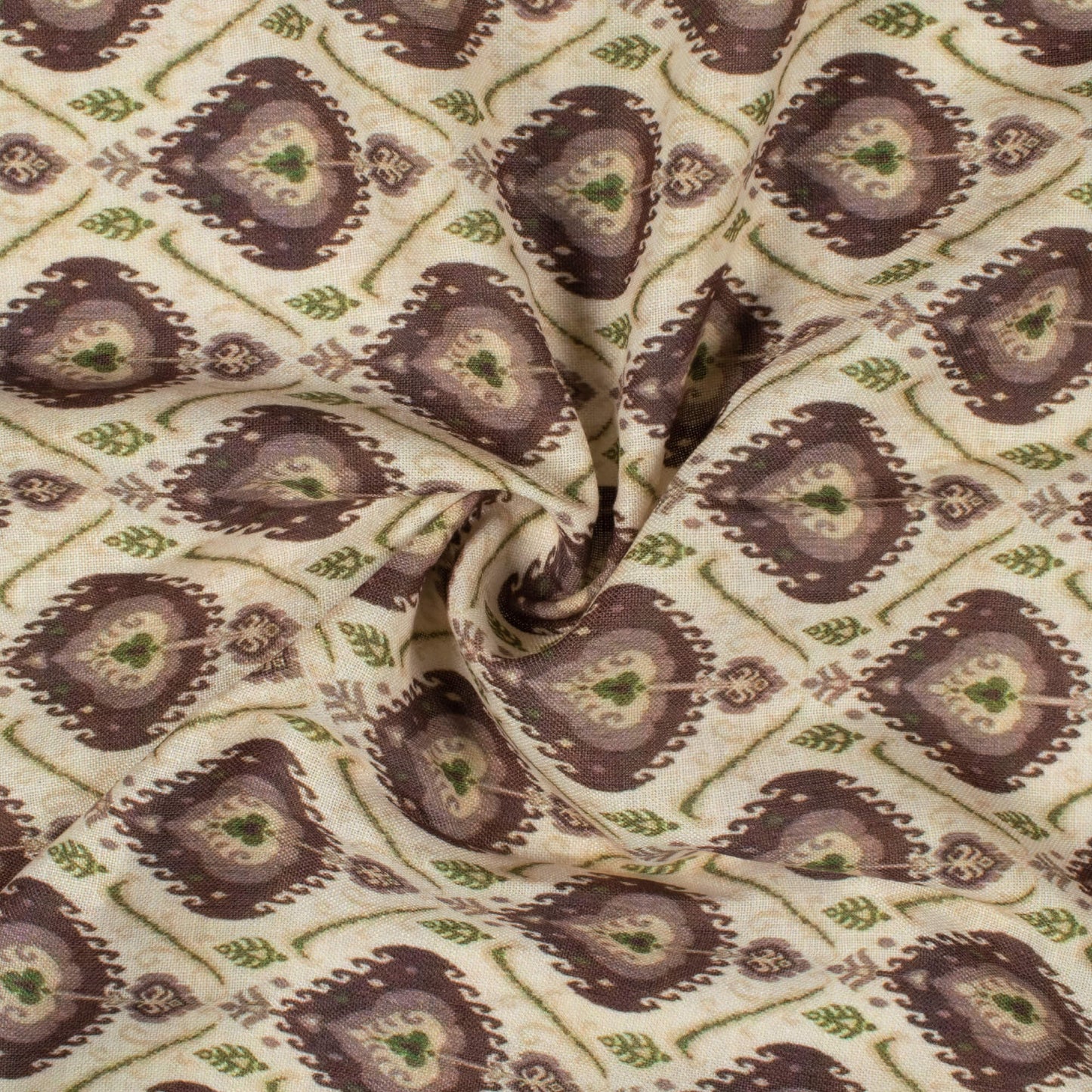 Cream And Dark Brown Ethnic Pattern Digital Print Linen Textured Fabric (Width 56 Inches)