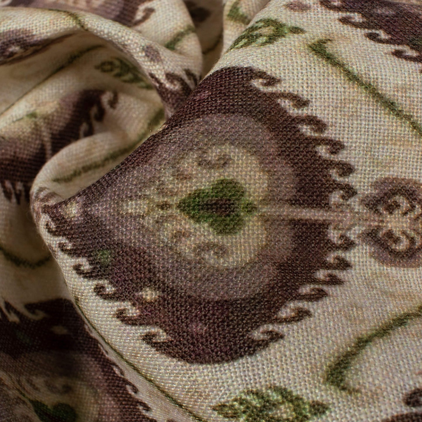 Cream And Dark Brown Ethnic Pattern Digital Print Linen Textured Fabric (Width 56 Inches)