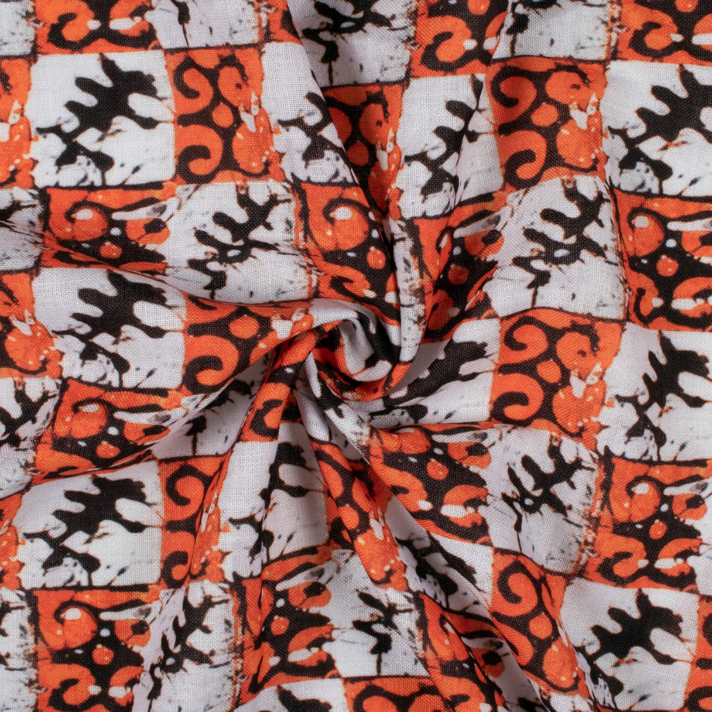 Salamander Orange And White Batik Pattern Digital Print Linen Textured Fabric (Width 56 Inches)