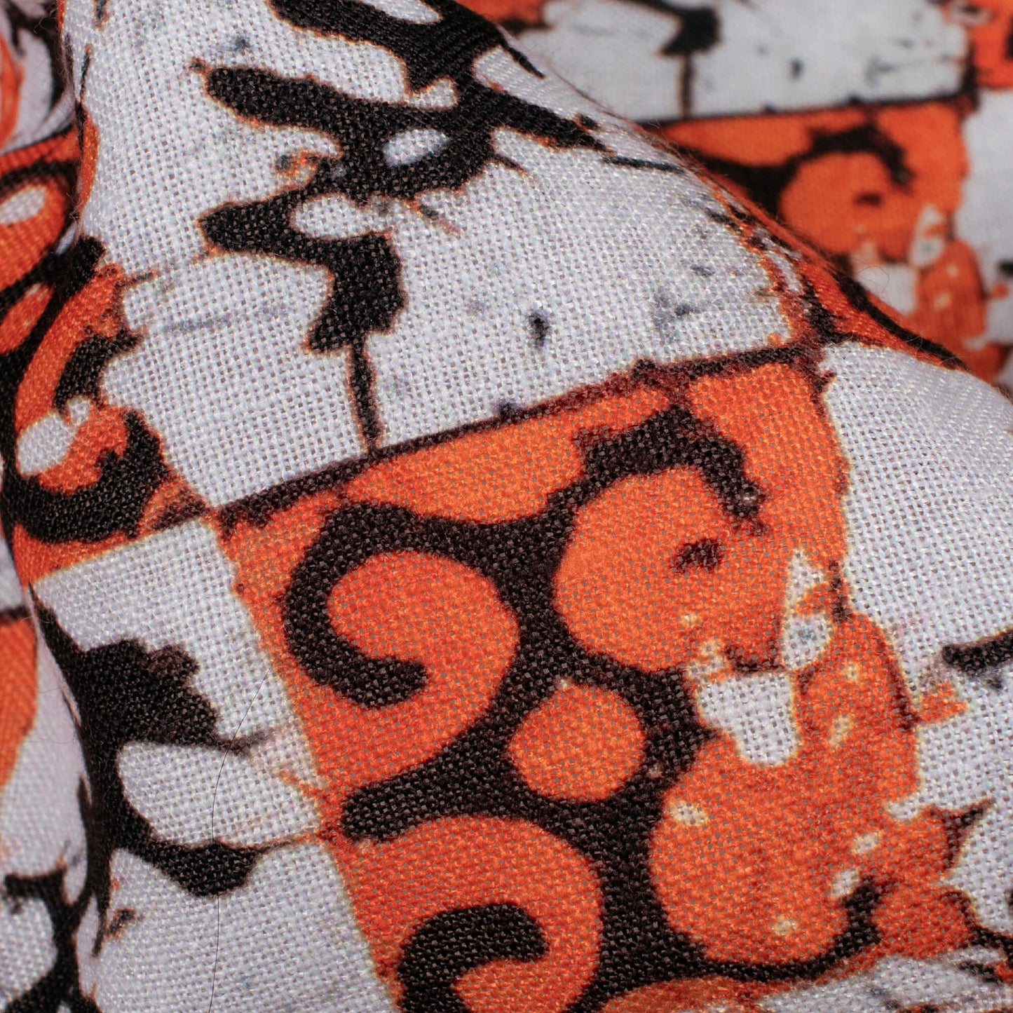 Salamander Orange And White Batik Pattern Digital Print Linen Textured Fabric (Width 56 Inches)