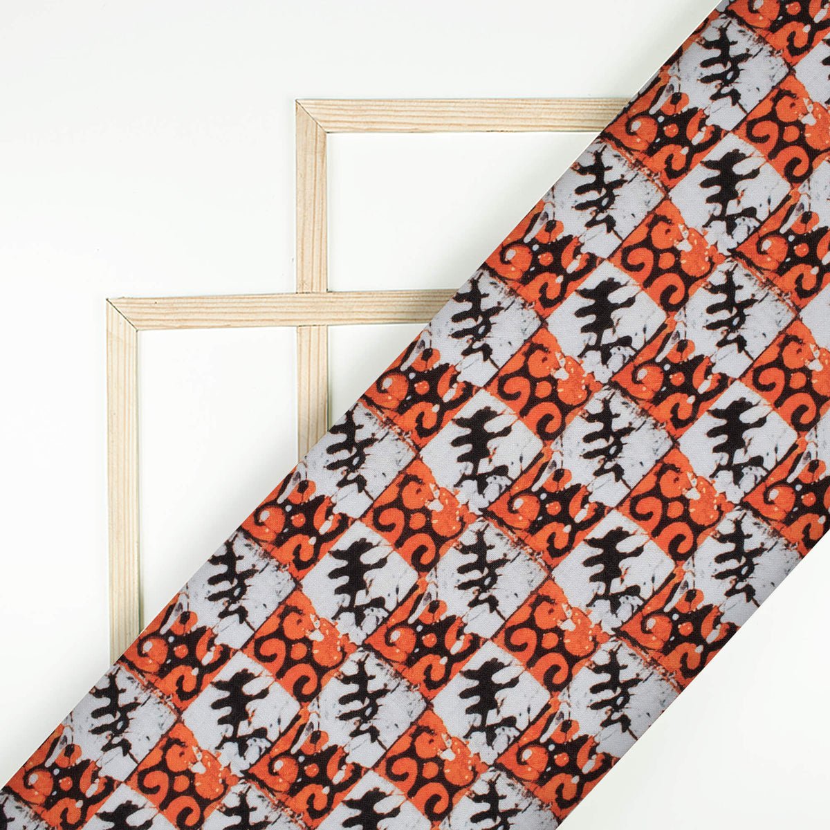 Salamander Orange And White Batik Pattern Digital Print Linen Textured Fabric (Width 56 Inches)