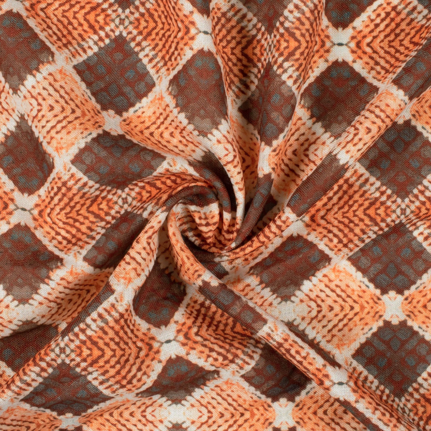 Bronze Orange And Maroon Batik Pattern Digital Print Linen Textured Fabric (Width 56 Inches)