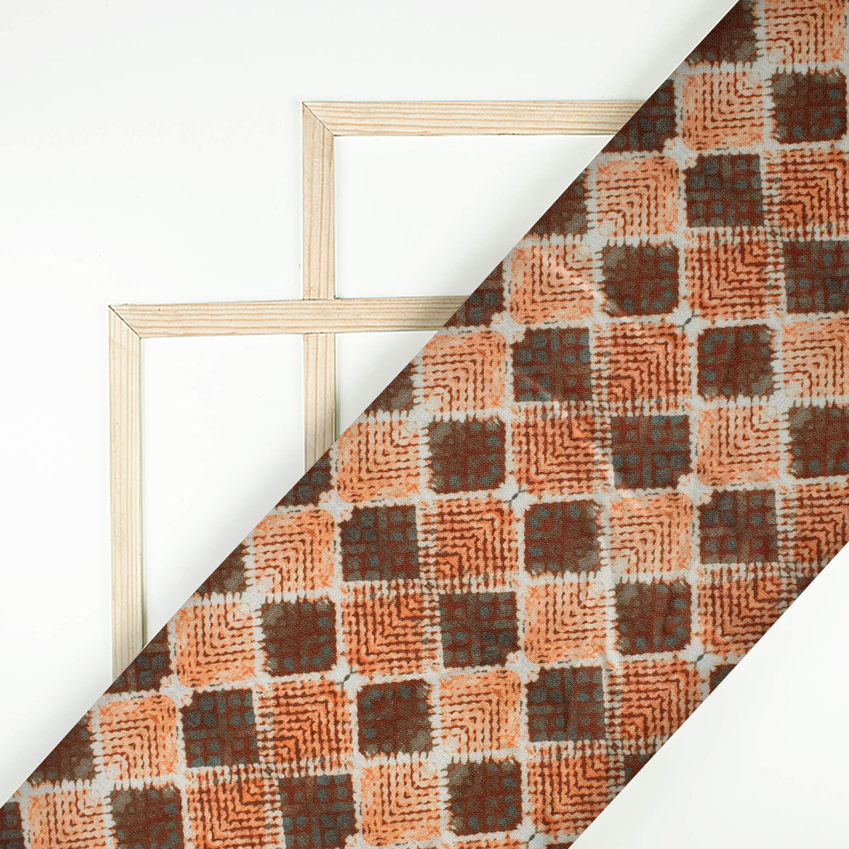 Bronze Orange And Maroon Batik Pattern Digital Print Linen Textured Fabric (Width 56 Inches)