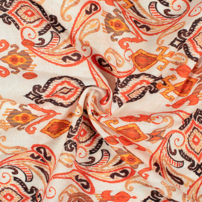Daisy White And Salamander Orange Ethnic Pattern Digital Print Linen Textured Fabric (Width 56 Inches)