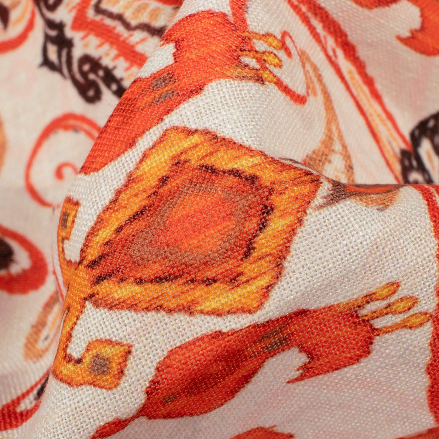 Daisy White And Salamander Orange Ethnic Pattern Digital Print Linen Textured Fabric (Width 56 Inches)