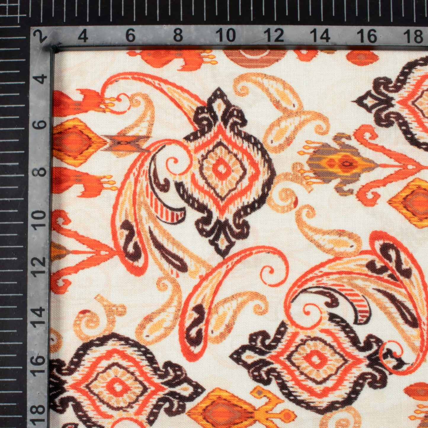 Daisy White And Salamander Orange Ethnic Pattern Digital Print Linen Textured Fabric (Width 56 Inches)