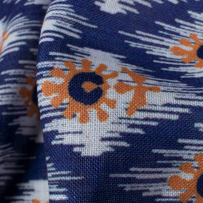 Space Blue And Orange Ethnic Pattern Digital Print Linen Textured Fabric (Width 56 Inches)
