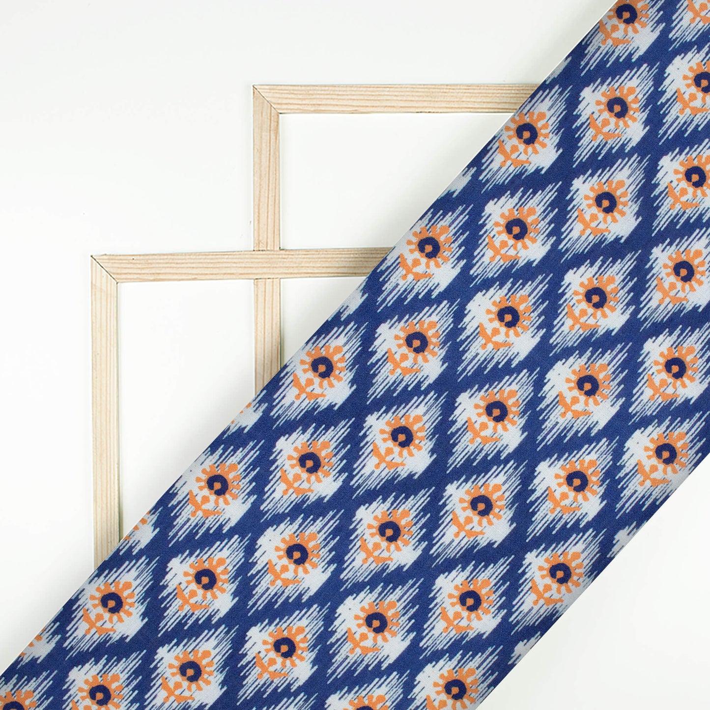 Space Blue And Orange Ethnic Pattern Digital Print Linen Textured Fabric (Width 56 Inches)