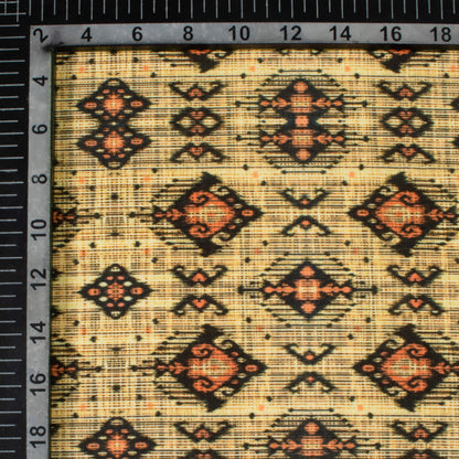 Corn Yellow And Black Ethnic Pattern Digital Print Linen Textured Fabric (Width 56 Inches)