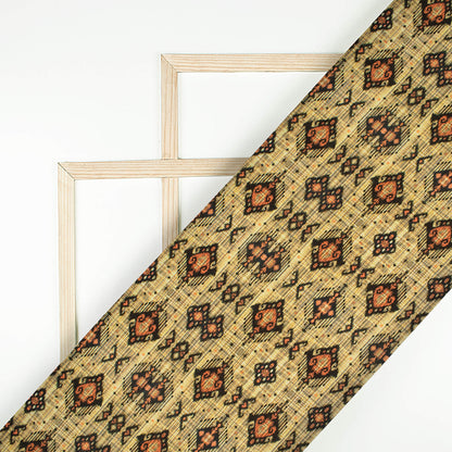 Corn Yellow And Black Ethnic Pattern Digital Print Linen Textured Fabric (Width 56 Inches)