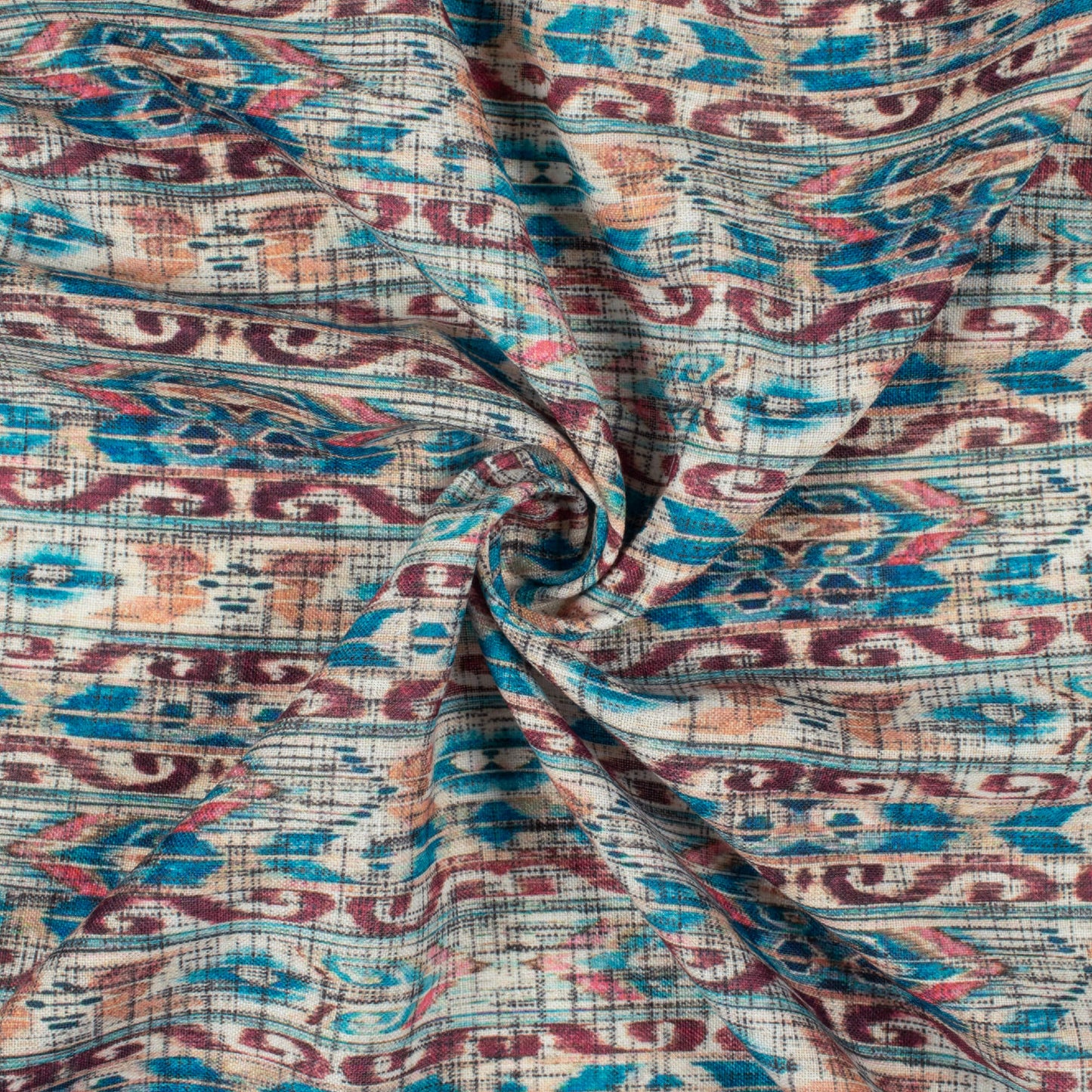 Teal Green And Hickory Brown Ethnic Pattern Digital Print Linen Textured Fabric (Width 56 Inches)